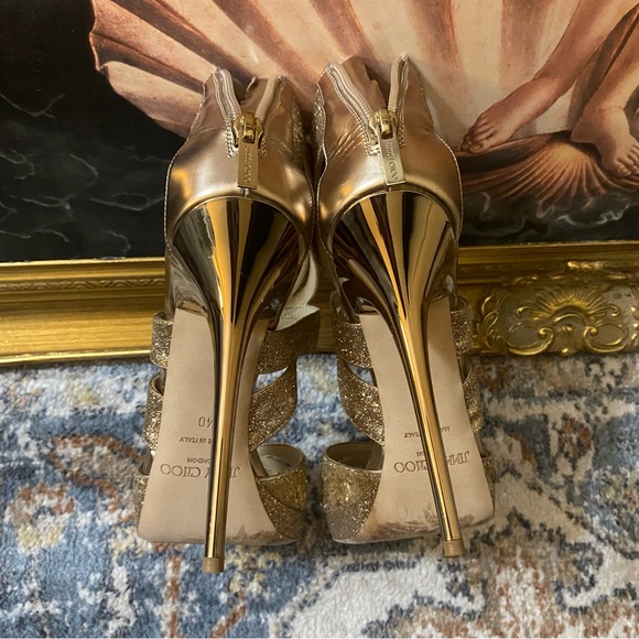 Authentic Jimmy Choo gold glitter zip up metallic sequin stiletto heels size 40 - Picture 9 of 10